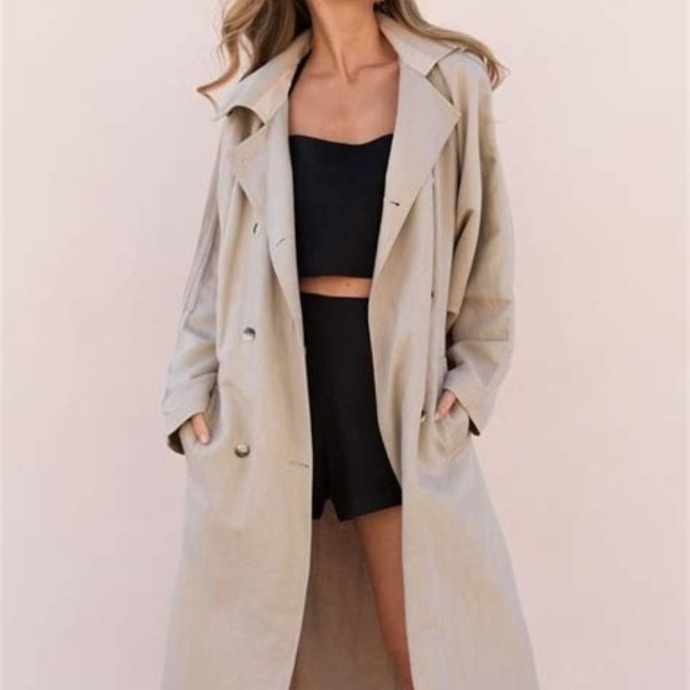 Posse Tokyo Duster Tan Pebble Dolman Sleeve Trench Linen Cotton Coat s xs NWOT